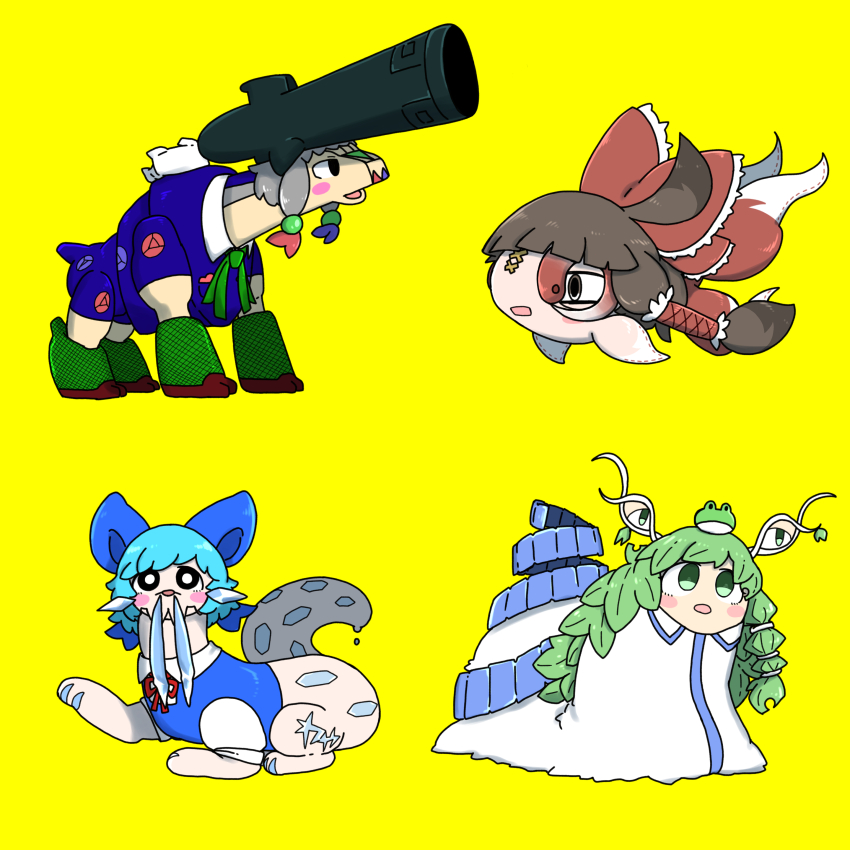 4girls absurdres black_eyes blue_bow bow bright_pupils brown_hair chi-yu_(pokemon) chien-pao cirno commentary_request cookie_(touhou) creature fish frog_hair_ornament full_body gen_9_pokemon green_eyes green_hair hair_bow hair_ornament hakurei_reimu highres izayoi_sakuya kochiya_sanae long_hair looking_at_viewer micha_(cookie) monsterification muimui_(4242564muimui) multiple_girls nintendo oko_(cookie) open_mouth pokemon red_bow rocket_launcher short_hair simple_background snail_girl snot ting-lu_(pokemon) touhou weapon white_pupils wo-chien yamato_(cookie)