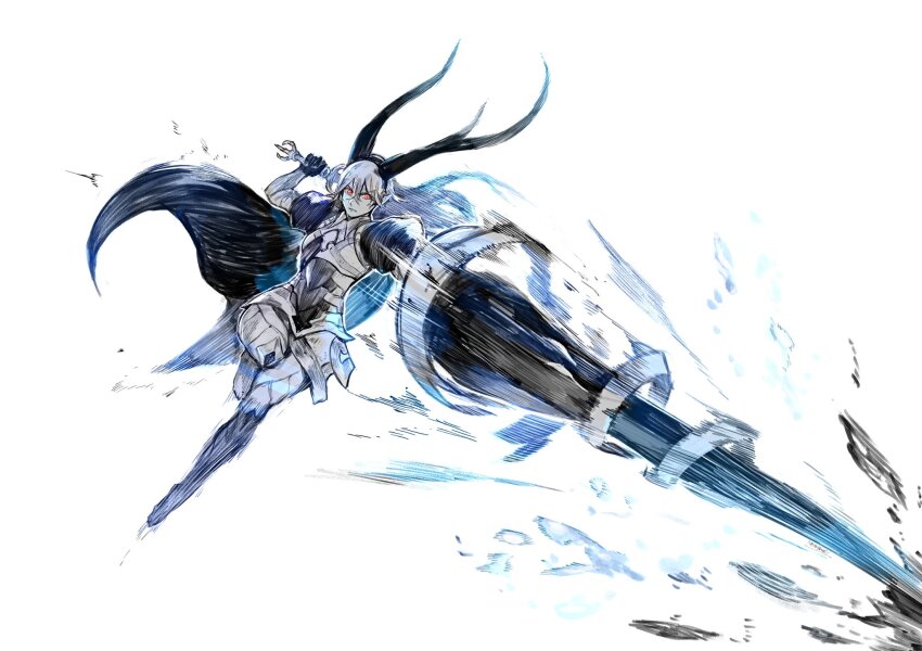 1girl armor barefoot cape female_corrin_(fire_emblem) debris dragon_girl dragon_horns fire_emblem fire_emblem_fates hair_between_eyes hairband highres holding holding_sword holding_weapon horns jumping limited_palette long_hair nintendo pointy_ears super_smash_bros. sword v-shaped_eyebrows weapon yato_(fire_emblem) yourfreakyneighbourh
