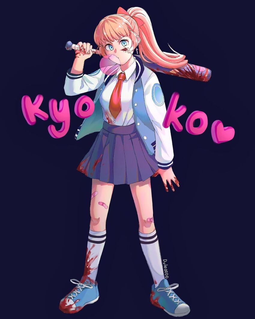 1girl bandaid baseball_bat blood blue_eyes bow breasts chewing_gum dule_(anhaidule) earrings heart highres jacket jewelry kunio-kun_series kyoko_(kunio-kun) long_sleeves medium_breasts necktie orange_hair ponytail red_bow river_city_girls shors skirt socks