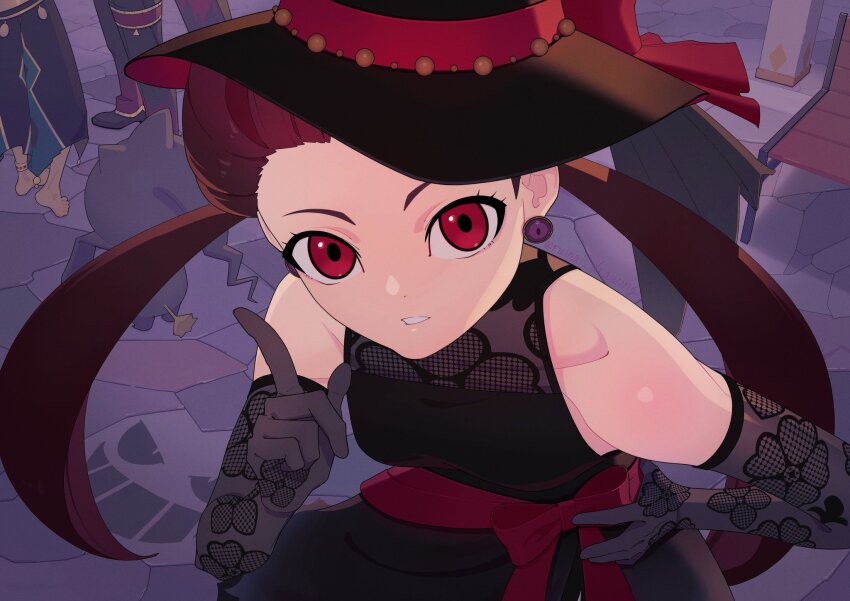 1boy 2girls banette barefoot bench black_gloves collarbone commentary_request earrings gen_3_pokemon gloves hand_on_own_hip hat highres index_finger_raised jewelry morty_(fall_2021)_(pokemon) morty_(pokemon) multiple_girls nintendo official_alternate_costume phoebe_(fall_2023)_(pokemon) phoebe_(pokemon) pokemon pokemon_(creature) pokemon_masters_ex red_eyes roxanne_(fall_2023)_(pokemon) roxanne_(pokemon) ruinai solo_focus witch_hat