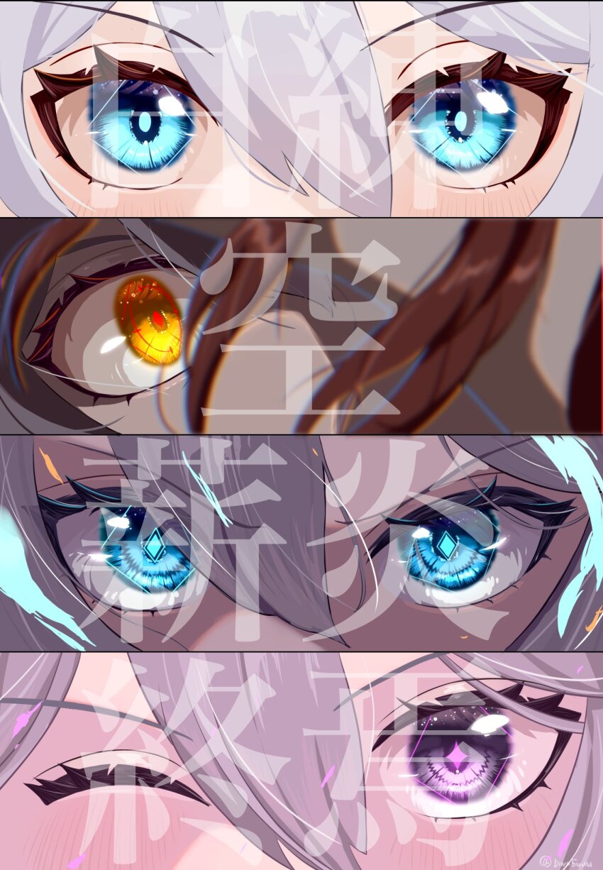 1girl biwa5uuu blue_eyes blush_stickers close-up diamond-shaped_pupils diamond_(shape) hair_between_eyes highres honkai_(series) honkai_impact_3rd kiana_kaslana kiana_kaslana_(herrscher_of_finality) kiana_kaslana_(herrscher_of_flamescion) kiana_kaslana_(herrscher_of_the_void) kiana_kaslana_(white_comet) murata_himeko murata_himeko_(vermillion_knight) one_eye_closed purple_eyes red_hair red_pupils romaji_text star-shaped_pupils star_(symbol) symbol-shaped_pupils v-shaped_eyebrows white_hair yellow_eyes