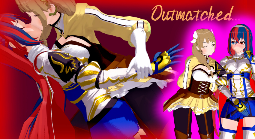 2girls 3d absurdres artist_request assertive_female blue_hair breasts cleavage english_text female_alear_(fire_emblem) fire_emblem fire_emblem_engage goldmary_(fire_emblem) highres kiss large_breasts leaning_back leaning_forward long_hair medium_breasts multicolored_hair multiple_girls nintendo non-web_source red_hair very_long_hair yuri