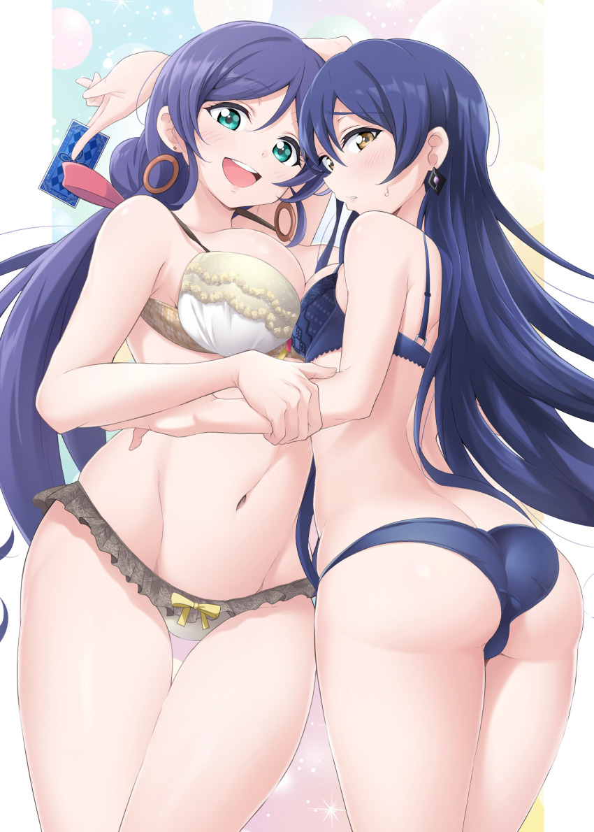 2girls aqua_eyes arm_behind_head arm_up ass bare_arms blue_bra blue_hair blue_panties bra breast_press breasts butt_crack earrings frilled_panties frills hair_between_eyes hair_ribbon highres hoop_earrings jewelry kirisaki_reina large_breasts long_hair love_live! multiple_girls navel open_mouth panties parted_lips ribbon small_breasts smile sonoda_umi standing sweat tojo_nozomi underwear underwear_only white_panties yellow_eyes