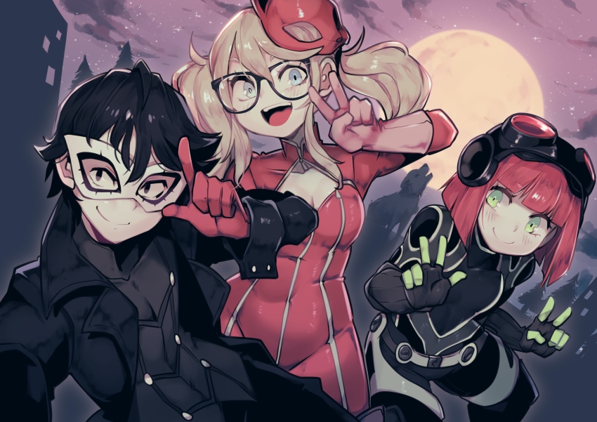 1boy 2girls absurdres amamiya_ren amamiya_ren_(cosplay) black-framed_eyewear black_bodysuit black_coat black_hair blonde_hair blue_eyes blunt_bangs blunt_ends bodysuit breasts brown_eyes cat_mask cleavage closed_mouth coat commentary conspiracy_research_club cosplay covered_navel dog english_commentary eye_mask full_moon glasses gloves goggles goggles_on_head green_eyes highres jaime_taylor joker_(persona_5) katya_petrikov long_hair long_sleeves luna_gardner mask mask_on_head merryweather moon multiple_girls open_clothes open_coat open_mouth oracle_(persona_5) panther_(persona_5) parororo persona persona_5 purple_sky red_gloves red_hair red_mask sakura_futaba sakura_futaba_(cosplay) short_hair sky small_breasts smile takamaki_anne takamaki_anne_(cosplay) twintails v w white_mask