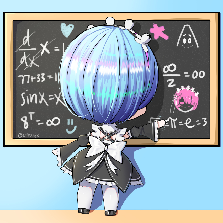1girl absurdres black_dress black_shoes black_sleeves blue_hair bow chalkboard chibi dress erikkuyc hairband highres leggings looking_to_the_side maid math non-web_source ram_(re:zero) re:zero_kara_hajimeru_isekai_seikatsu rem_(re:zero) self-upload shoes short_hair white_bow white_hairband white_leggings writing