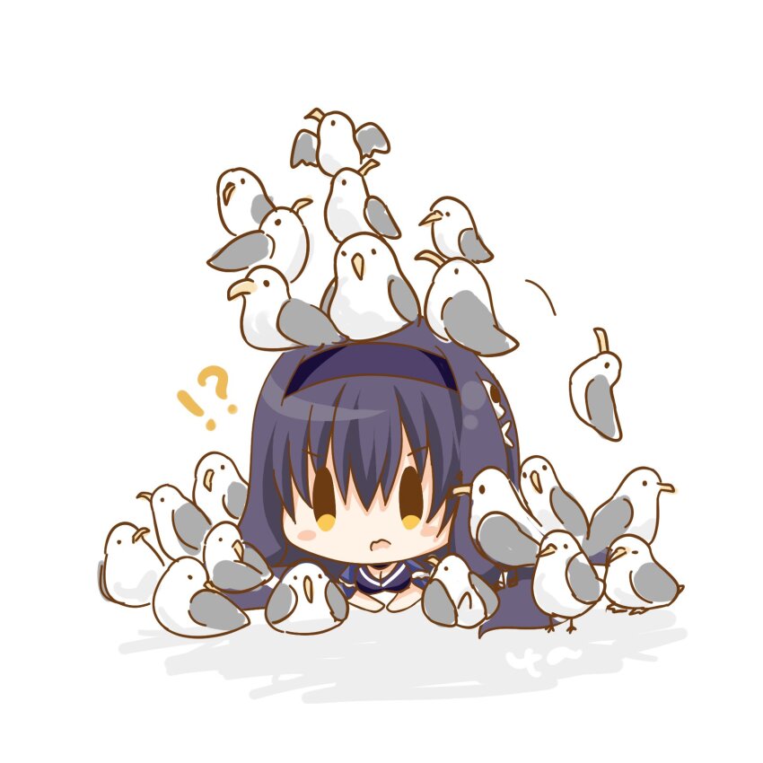 !? 1girl bird black_hair blue_capelet blue_dress blue_hairband bone_hair_ornament breasts capelet chibi cleavage dress frilled_capelet frills full_body hair_ornament hairband highres kushima_kamome long_hair lying on_stomach seagull shoes simple_background skull_and_crossbones skull_hair_ornament solo summer_pockets ura_(ura-tennislove) white_background yellow_eyes