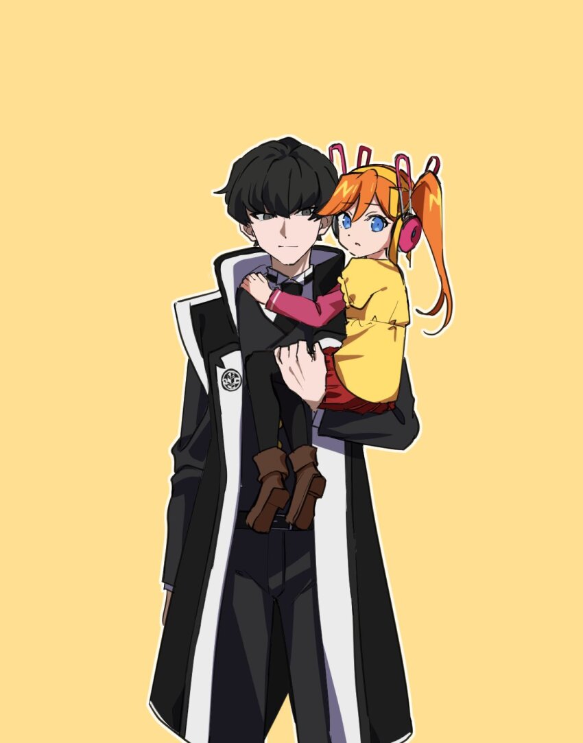 1boy 1girl ace_attorney aged_down athena_cykes belt black_coat black_hair black_pants blue_eyes boots brown_footwear closed_mouth coat commentary_request grey_eyes hair_between_eyes highres maka_gtsb open_clothes open_coat open_mouth orange_hair pants phoenix_wright:_ace_attorney_-_dual_destinies shirt short_hair simon_blackquill simple_background smile twintails yellow_background yellow_shirt