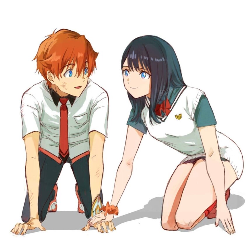 1boy 1girl acceptor ass black_hair black_skirt blue_eyes bow bowtie collared_shirt couple gridman_universe gridman_universe_(movie) hetero hibiki_yuuta holding_hands long_hair looking_at_another necktie pleated_skirt red_bow red_hair risyo school_uniform scrunchie shirt shoes short_hair short_sleeves simple_background skirt smile takarada_rikka thighs vest waistcoat white_shirt wing_collar wrist_scrunchie