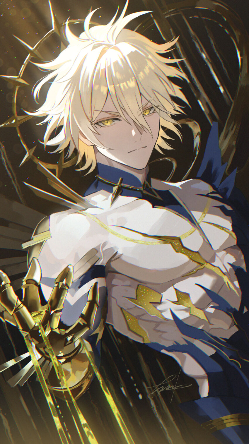 1boy absurdres bare_pectorals black_shirt blonde_hair clawed_gauntlets commentary_request cracked_skin dripping hair_between_eyes halo halo_behind_head highres honkai:_star_rail honkai_(series) male_focus maria_(maria_rose) material_growth messy_hair pectorals phainon_(honkai:_star_rail) shirt short_hair signature solo torn_clothes torn_shirt v-shaped_eyebrows yellow_blood yellow_eyes