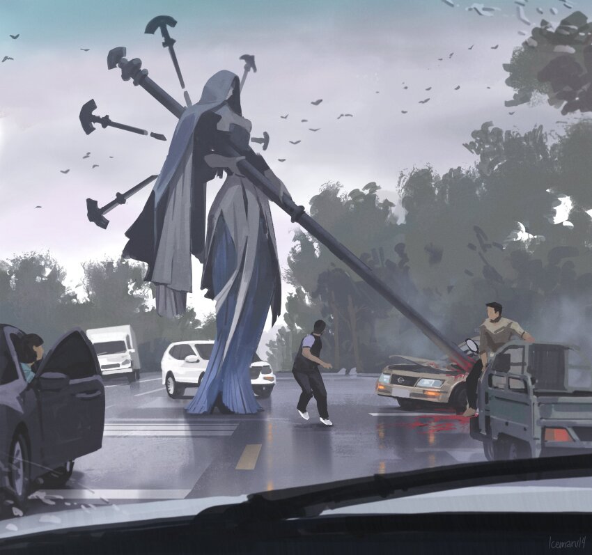 2boys 2girls absurdres artist_name bird blood blue_dress blue_veil car commentary dress english_commentary giant giantess gloves highres holding holding_polearm holding_weapon icemarv14 intersection motor_vehicle multiple_boys multiple_girls nissan original outdoors photo-referenced pickaxe polearm pov road solo_focus tree van vehicle_interior veil weapon white_gloves