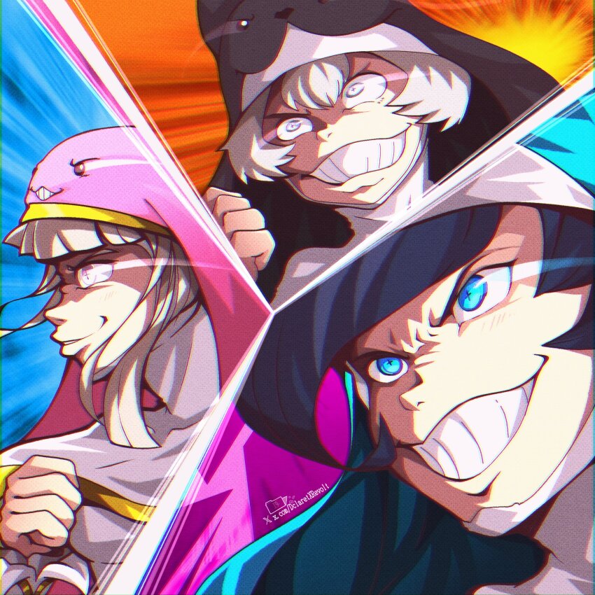 3girls black_hair blue_eyes cross-shaped_pupils dclaret digimon digimon_(creature) eye_trail getter_robo grey_eyes grey_hair habit highres light_trail multiple_girls nun parody pink_eyes scene_reference shin_getter_robo sistermon_blanc sistermon_ciel sistermon_noir symbol-shaped_pupils teeth
