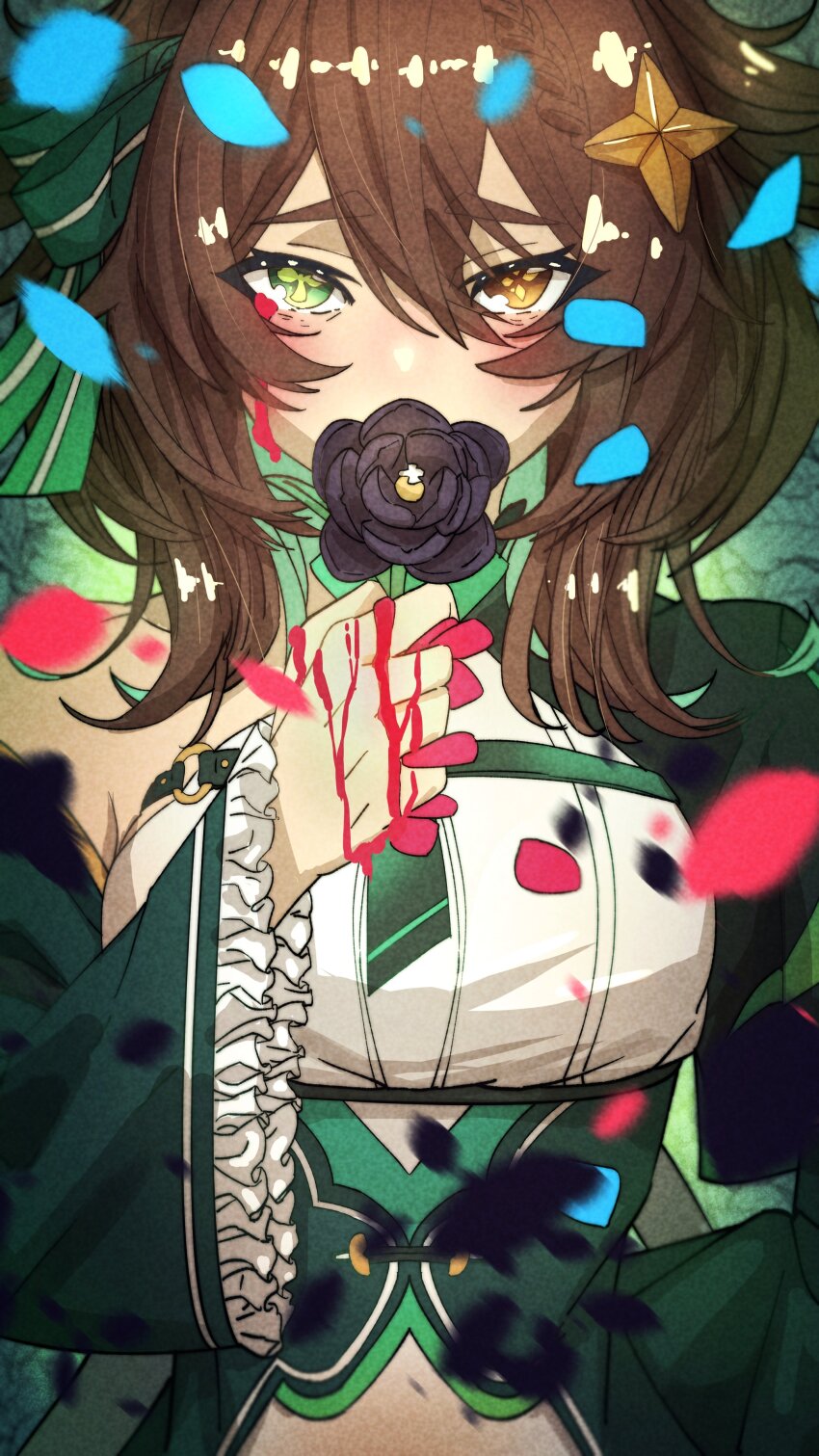 1girl absurdres alt_text black_capelet black_flower black_rose bleeding blood blood_on_hands blue_petals blush bow brown_eyes brown_hair capelet chest_belt colored_inner_hair commentary covered_mouth cross-shaped_pupils detached_sleeves dress falling_petals flower frilled_sleeves frills frown green_bow green_dress green_eyes green_necktie green_sleeves hair_between_eyes hair_bow hair_flaps hair_ornament half_capelet hand_up heterochromia highres holding holding_flower indie_virtual_youtuber looking_at_viewer medium_hair meica_(vtuber) meica_(vtuber)_(1st_costume) mismatched_pupils multicolored_hair necktie petals red_petals rose shirt single-shoulder_shirt spanish_commentary sprout-shaped_pupils star_(symbol) star_hair_ornament symbol-shaped_pupils trebas upper_body virtual_youtuber white_shirt