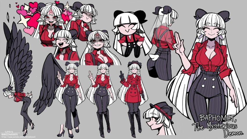 1girl baphomet_(grizz) black_horns black_pants bow breasts concept_art crescent_moon demon_girl demon_horns from_side grizz gun heart helltaker highres horns jacket large_breasts long_hair moon multiple_expressions official_art open_mouth original pants poses red_shirt reference_sheet shirt smile standing suit_jacket v vanripper_(style) weapon white_hair wings