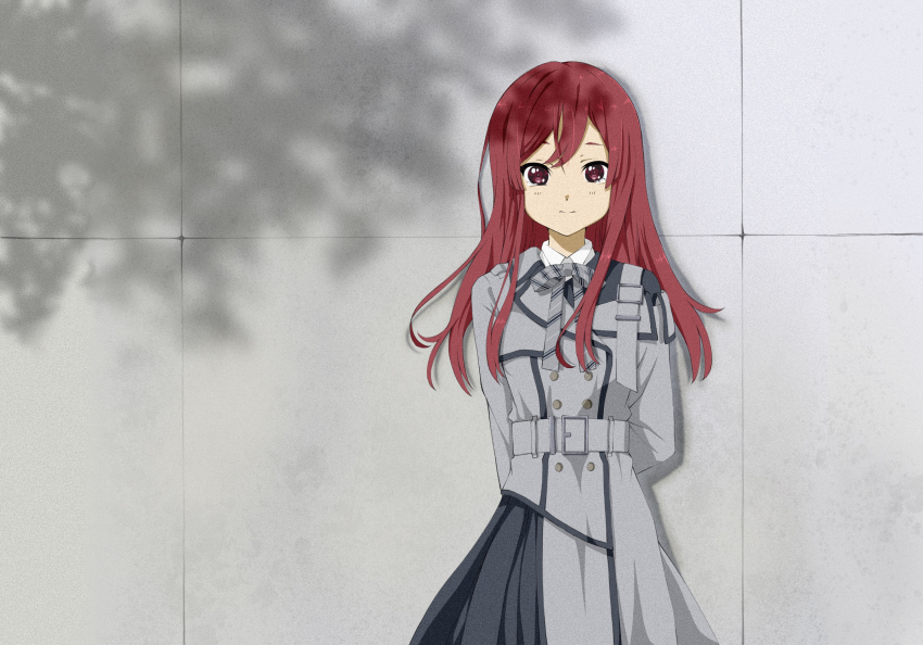 1girl 22/7 arms_behind_back belt bow bowtie closed_mouth collared_shirt cowboy_shot crossed_bangs crying dress grey_belt grey_bow grey_bowtie grey_dress highres kamisama_datte_kimerarenai long_hair long_sleeves looking_at_viewer morinomiya_ruri red_hair sato_reika shirt solo striped_bow striped_bowtie striped_clothes tears tree_shade white_shirt