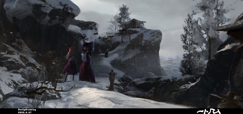 2girls back_hair bow cliff dated diao_(nrays) facing_another facing_viewer hair_bow hakurei_reimu highres horns ibuki_suika landscape long_hair long_skirt looking_at_another multiple_girls muted_color oni orange_hair red_bow red_skirt shrine skirt snow stairs stone_lantern torii touhou tree wide_shot