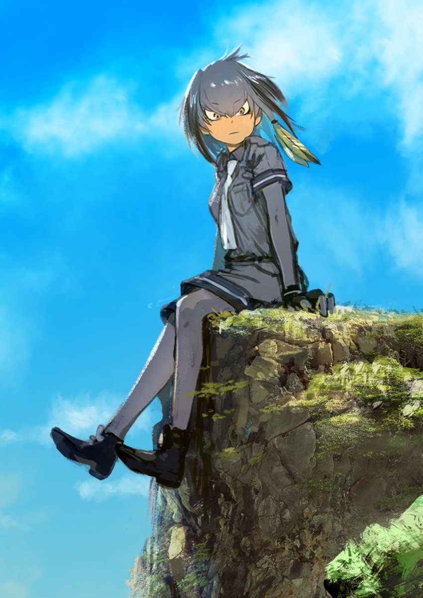 &gt;:( 10s 1girl ankle_boots black_gloves blue_sky bodystocking boots cloud cloudy_sky day eyelashes female_focus fingerless_gloves from_side frown full_body gloves grey_hair grey_shirt head_wings highres kemono_friends looking_at_viewer low_ponytail moss mountain multicolored_hair multiple_girls necktie outdoors outstretched_arms pocket ponytail shirt shoebill_(kemono_friends) shoelaces short_sleeves shorts side_ponytail sitting sky solo square-end_necktie takeyuki15 tsurime v-shaped_eyebrows wings yellow_eyes