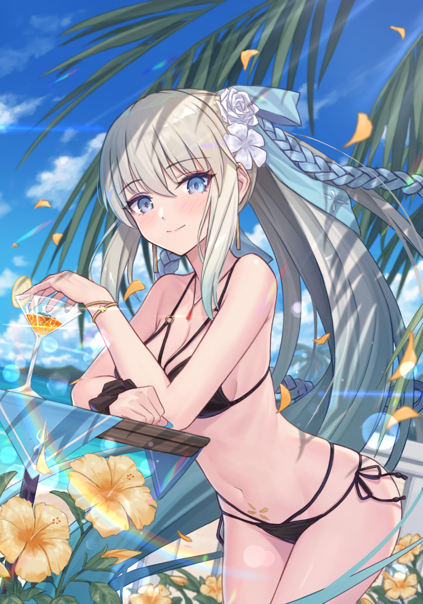 1girl bare_shoulders beach bikini black_bikini blue_eyes blue_hair blue_sky braid breasts cleavage fate/grand_order fate_(series) flower hair_flower hair_ornament hair_ribbon highres hoodier large_breasts long_hair looking_at_viewer morgan_le_fay_(fate) morgan_le_fay_(water_princess)_(fate) outdoors ponytail ribbon sidelocks sky smile solo stomach_tattoo swimsuit tattoo thighs twin_braids very_long_hair white_hair