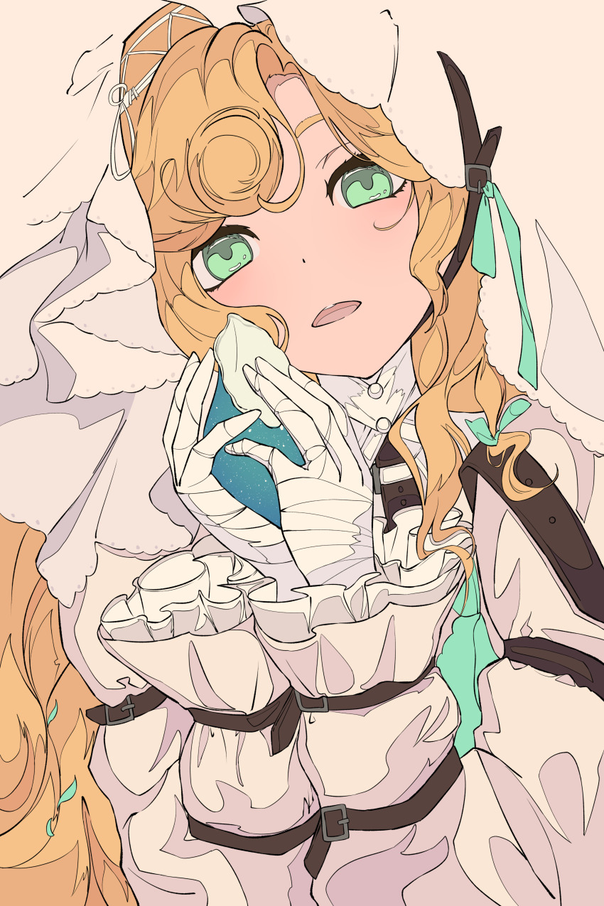 1girl absurdres aqua_eyes arm_belt bandaged_hand bandages blonde_hair conch dress highres holding holding_shell long_hair long_sleeves lorelei_(reverse:1999) parted_lips reverse:1999 shell solo upper_body veil white_dress white_veil xiao_jin_caoooooooi