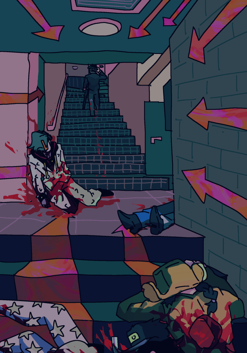 against_wall akefu_satoru arrow_(symbol) blood blood_splatter blood_trail cane death higashikata_jobin highres hole_on_body jojo_no_kimyou_na_bouken jojolion legs mamezuku_rai nijimura_kei on_ground spoilers stairs swampland walking_away wonder_of_u