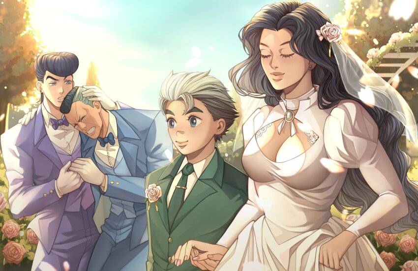 1girl 3boys absurdres black_hair blue_bow blue_bowtie blue_eyes blue_suit blue_vest blush bow bowtie breasts bridal_veil bride choker cleavage_cutout closed_eyes clothing_cutout comforting confused couple crying diamond_wa_kudakenai dress earrings facial_mark flattop flower flower_on_chest flower_on_head formal_clothes gloves green_necktie green_suit grey_hair groom hair_flower hair_ornament hair_slicked_back height_difference higashikata_josuke highres hirose_koichi holding_hands idinahui_pls jewelry jojo_no_kimyou_na_bouken long_hair multicolored_hair multiple_boys nail_polish necktie nijimura_okuyasu pompadour puffy_sleeves purple_bow purple_bowtie purple_suit purple_vest raised_eyebrow rose short_hair smile suit thick_eyebrows tuxedo two-tone_hair veil vest wavy_hair wedding wedding_dress wedding_suit white_choker white_dress white_flower white_gloves white_rose yamagishi_yukako