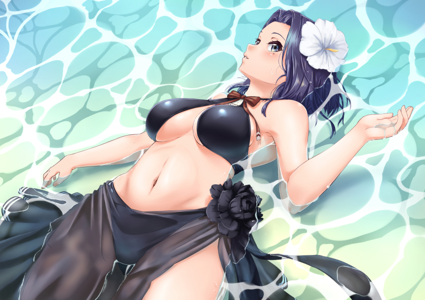 1girl bikini black_bikini breasts female_focus flower hair_flower hair_ornament highres june_(ne_z_asa) kantai_collection lying medium_breasts mole mole_under_eye navel parted_lips partially_submerged purple_eyes purple_hair sarong see-through_clothes short_hair solo swimsuit tatsuta_(kancolle) tatsuta_(swimsuit)_(kancolle) water