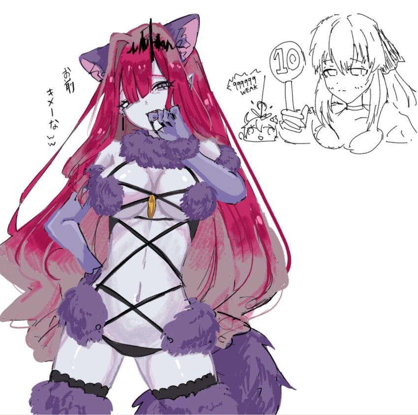 2girls animal_ears baobhan_sith_(fate) black_panties breasts cosplay earrings elbow_gloves fake_animal_ears fate/grand_order fate_(series) fur-trimmed_thighhighs fur_bikini fur_trim gloves grey_eyes gure_mru hair_ornament hand_on_own_hip highres jewelry long_hair looking_at_viewer mash_kyrielight mash_kyrielight_(dangerous_beast) mash_kyrielight_(dangerous_beast)_(cosplay) morgan_le_fay_(fate) multiple_girls panties pink_hair pointy_ears purple_gloves revealing_clothes sidelocks thighhighs underwear white_background