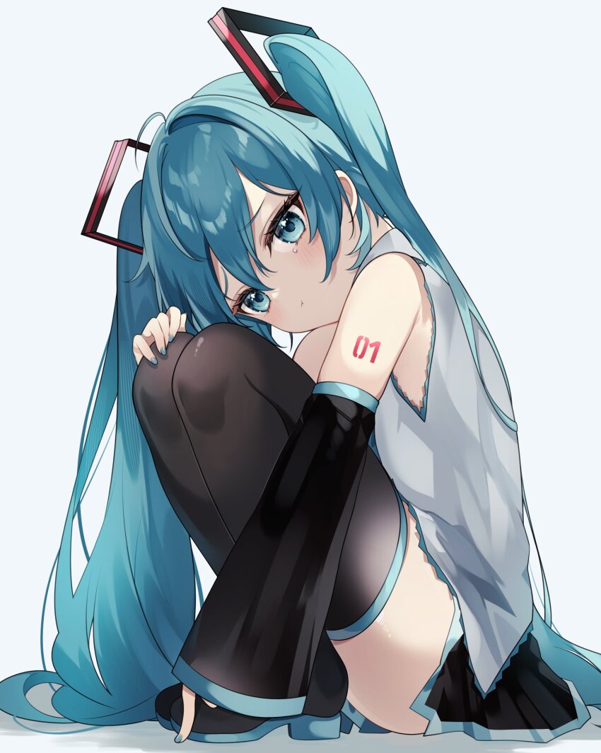 1girl :t aqua_eyes aqua_hair aqua_nails black_skirt blush boots closed_mouth detached_sleeves grey_shirt hair_between_eyes hair_ornament hatsune_miku highres long_hair long_sleeves looking_at_viewer miniskirt pleated_skirt pout shirt simple_background skirt sleeveless sleeveless_shirt solo tears thigh_boots very_long_hair vocaloid wide_sleeves yuni_(irohasuiroiro)