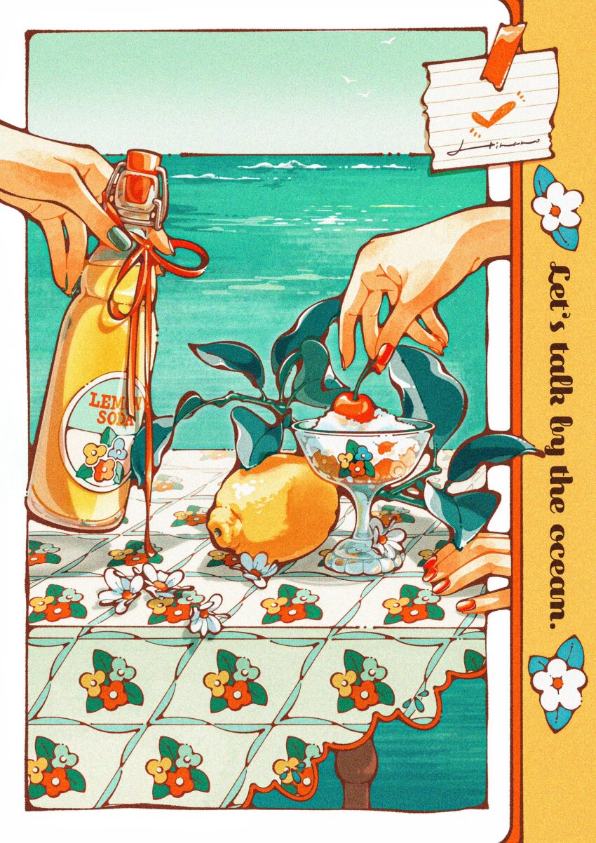 2girls bird black_nails border bottle cherry cup day fingernails flower food fruit highres holding holding_bottle holding_food holding_fruit ice_cream leaf lemon lemon_juice multiple_girls nail_polish note ocean original outdoors red_nails tablecloth trym_hinano white_bird white_border white_flower