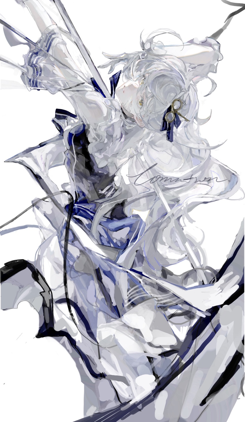 1girl absurdres arms_up black_dress burn_scar dress expressionless frilled_gloves frills gift_art gloves highres key_hair_ornament long_hair looking_at_viewer original pale_skin parted_lips scar scar_on_face shaft_look signature simple_background solo three-quarter_sleeves two-tone_dress very_long_hair white_background white_dress white_gloves white_hair yellow_eyes zhnjicis1676071