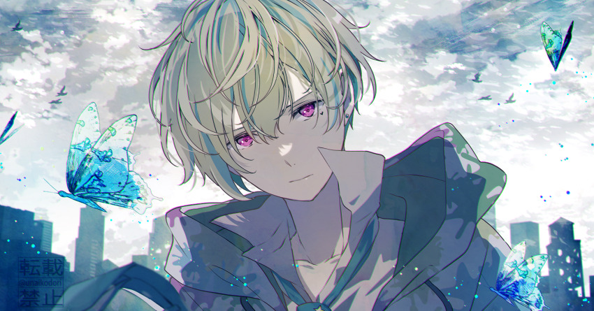 1boy blue_butterfly blue_necktie bug butterfly closed_mouth collared_shirt green_hoodie hanazono_momohito heart_on_cheek hood hood_down hoodie idolmaster idolmaster_side-m idolmaster_side-m_growing_stars insect kame_(unaikodori) light_green_hair male_focus necktie purple_eyes shirt short_hair solo white_shirt