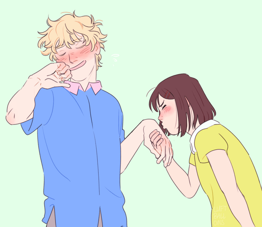 1boy 1girl blonde_hair blue_shirt blush brown_hair closed_eyes couple embarrassed green_background hair_ornament iwakura_mitsumi kiss kissing_hand laughing luftballons99 puckered_lips shima_sousuke shirt short_sleeves skip_to_loafer smile yellow_shirt