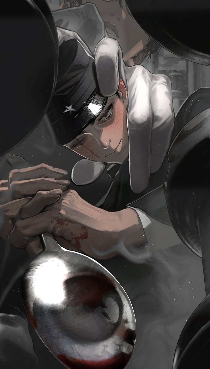 2boys absurdres black_eyes black_hair blood blood_on_hands board_game chess chess_piece closed_mouth commentary from_below gakuran gakuseibou gloves half-closed_eyes hand_on_another&#039;s_head hand_to_own_mouth hat head_out_of_frame highres holding holding_spoon light_particles litchi_hikari_club long_sleeves looking_down male_focus mau_sakura mini_person miniboy multiple_boys niko_(litchi_hikari_club) one_eye_closed reflection reverse_grip sanpaku scar scar_across_eye scar_on_face school_uniform short_hair smile smoke spoon symbol-only_commentary two-handed white_gloves zera_(litchi_hikari_club)