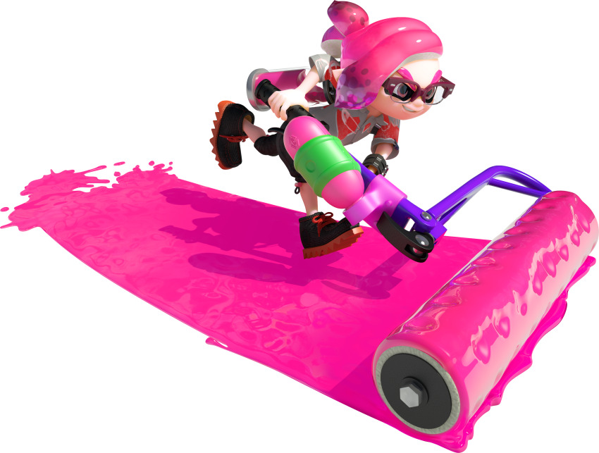 1boy 3d absurdres black_pants black_shoes colored_shoe_soles comb_over dynamic_pose eye_mask full_body glasses gradient_hair grin highres holding holding_weapon ink_tank_(splatoon) inkling inkling_boy inkling_player_character kensaki_(splatoon) looking_ahead moccasins multicolored_hair nintendo official_art orange_eyes pale_skin pants pink_hair shirt shoes short_hair short_sleeves shorts smile solo splat_roller_(splatoon) splatoon_(series) splatoon_2 spotted_hair suction_cups tentacle_hair thick_eyebrows transparent_background two-tone_hair v-shaped_eyebrows weapon