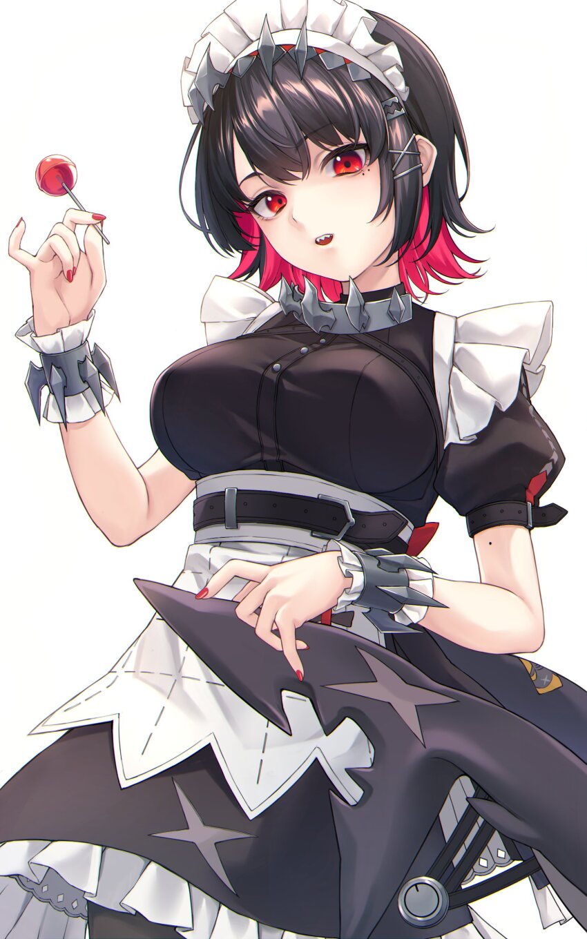 1girl absurdres apron black_dress black_hair black_pantyhose bracelet breasts candy collar colored_inner_hair cowboy_shot dress ellen_joe fins fish_tail food hair_ornament hairband hairclip highres holding holding_candy holding_food holding_lollipop holding_own_tail jewelry lollipop looking_at_viewer maid maid_apron maid_headdress medium_breasts metal_collar metal_hairband mole mole_on_arm mole_under_eye multicolored_hair nail_polish nameko_houshi pantyhose parted_lips red_eyes red_hair red_nails scar scar_on_tail shark_girl shark_tail sharp_teeth short_hair simple_background solo spiked_bracelet spiked_collar spiked_hairband spikes standing tail teeth upper_teeth_only white_apron white_background wrist_cuffs x_hair_ornament zenless_zone_zero