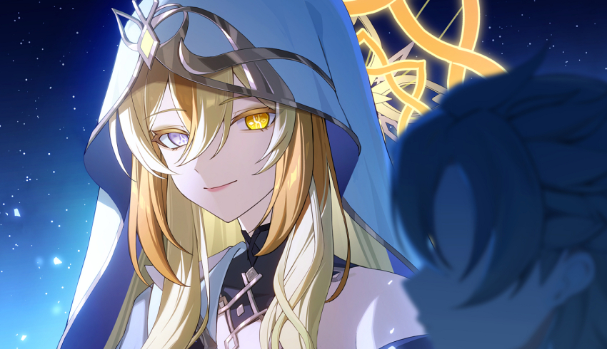 1boy 1girl albedo_(genshin_impact) bare_shoulders blonde_hair blue_eyes closed_mouth commentary_request genshin_impact hair_between_eyes halo halo_behind_head light_smile long_hair portrait rhinedottir_(genshin_impact) solo_focus star_(sky) starry_sky_background sucui_qiuqiu symbol-shaped_pupils veil white_veil yellow_eyes yellow_halo