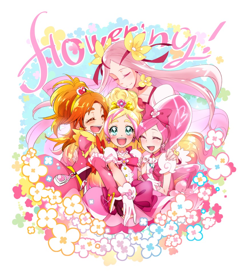 00s 10s 4girls :d absurdres arm_warmers blonde_hair blush bow brooch closed_eyes cure_bloom cure_blossom cure_flora cure_flower flower futari_wa_precure_splash_star gloves go!_princess_precure green_eyes hair_flower hair_ornament half_updo hanasaki_kaoruko hanasaki_tsubomi haruno_haruka heart heart_brooch heartcatch_precure! high_ponytail highres hyuuga_saki jewelry long_hair magical_girl multicolored_hair multiple_girls open_mouth orange_hair pink_hair ponytail precure sasagawa_kureo smile streaked_hair thick_eyebrows trait_connection two-tone_hair waist_bow
