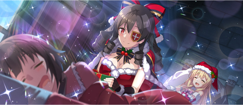 3girls arue_(konosuba) bed bedroom black_bow black_cloak black_gloves blonde_hair bow breasts brown_hair christmas christmas_present christmas_stocking cleavage cloak closed_eyes closed_mouth dress drill_hair drill_sidelocks drooling eyepatch fingerless_gloves fur-trimmed_cloak fur-trimmed_dress fur-trimmed_headwear fur_trim game_cg gift gloves hair_between_eyes hair_bow hat hat_ornament highres holding holding_gift holding_sack holly holly_hat_ornament indoors iris_(konosuba) kono_subarashii_sekai_ni_shukufuku_wo! konosuba!_fantastic_days large_bow large_breasts light_blush long_hair looking_at_another lying megumin moonlight mouth_drool multiple_girls night official_alternate_costume official_art on_bed on_side open_mouth pajamas pink_pajamas pom_pom_(clothes) red_bow red_dress red_eyes red_hat sack santa_costume santa_dress santa_hat short_hair short_hair_with_long_locks sidelocks sleeping smile strapless strapless_dress