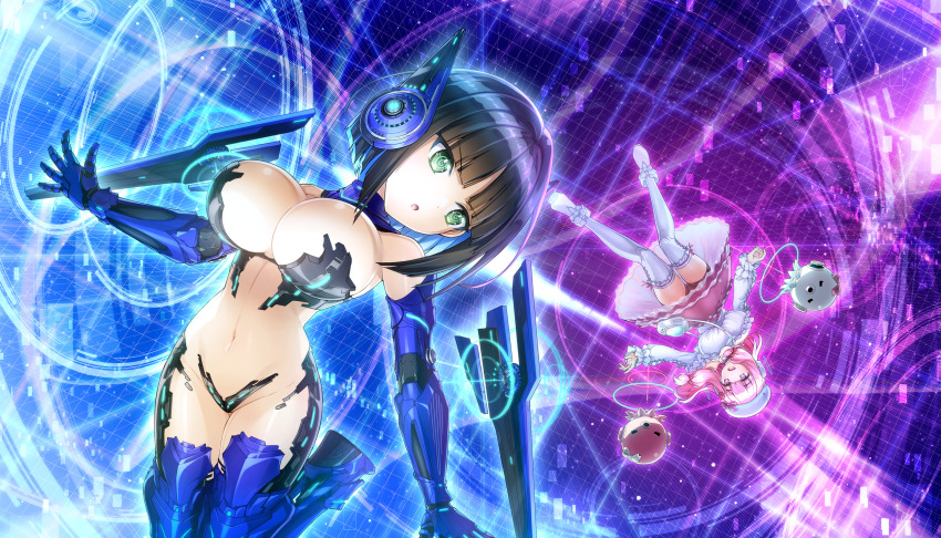 2girls black_hair blunt_bangs breasts cleavage dolphin_wave dress eines_(dolphin_wave) floating frilled_skirt frilled_sleeves frills game_cg green_eyes hat highres large_breasts long_hair long_sleeves looking_at_another mechanical_arms multiple_girls nacht_(dolphin_wave) non-web_source official_art ootomo_takuji pink_eyes pink_hair puffy_long_sleeves puffy_sleeves short_hair skirt symbol-shaped_pupils thighhighs