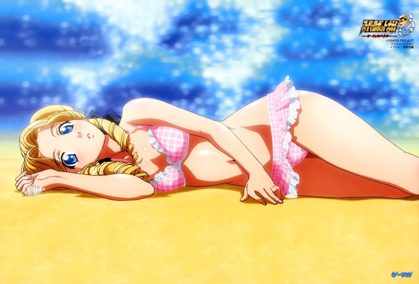 10s 1girl absurdres banpresto beach bikini bikini_skirt blonde_hair blue_eyes blurry blush bow breasts copyright_name depth_of_field double_bun drill_hair female_focus hair_bow hair_bun highres kouno_yoshitaka lace lace-trimmed_bikini lace_trim long_hair looking_at_viewer lying narrow_waist navel ocean official_art on_side outdoors parted_lips pink_bikini plaid_bikini plaid_clothes scan seashell shell shine_hausen sidelocks small_breasts solo super_robot_wars super_robot_wars_og_the_inspector super_robot_wars_original_generation super_robot_wars_original_generation_2 swimsuit water wide_hips
