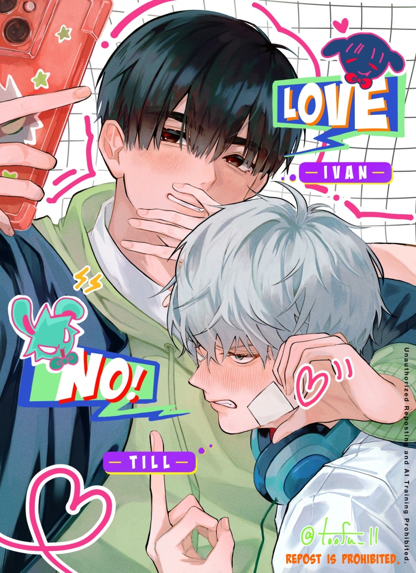 2boys alien_stage arm_around_shoulder black_eyes black_hair blush cellphone character_name collared_shirt commentary english_text gauze gauze_on_face green_eyes green_hoodie grey_hair grid_background grin headphones headphones_around_neck heart highres holding holding_phone hood hoodie ivan_(alien_stage) male_focus middle_finger multiple_boys phone pushing_away pushing_face rabbit red_pupils selfie shirt short_hair smartphone smile symbol-only_commentary till_(alien_stage) toofu_mochi twitter_username very_short_hair white_shirt yaoi