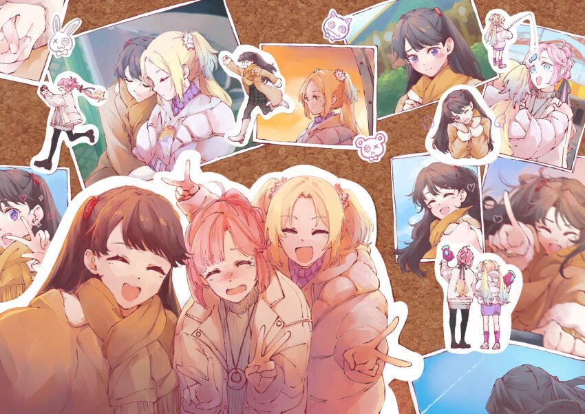 3girls :d ;d ^_^ anyoji_hime anyoji_hime_(winter_casual) black_pantyhose black_ribbon blonde_hair blue_eyes blue_hair boots brown_hair brown_scarf brown_shoes camera chasing closed_eyes commentary double_v dress fishing fishing_rod flower fujishima_megumi fujishima_megumi_(winter_casual) grey_dress grey_sweater hair_flower hair_ornament hair_ribbon highres holding holding_camera jacket jewelry l9525 link!_like!_love_live! long_hair long_sleeves love_live! mira-cra_park! multi-tied_hair multiple_girls necklace one_eye_closed open_mouth osawa_rurino osawa_rurino_(winter_casual) pantyhose photo_(object) pink_flower pink_hair ponytail purple_dress purple_eyes purple_sweater ribbon running scarf shoes short_dress simple_fish single_tear smile sweater sweater_dress symbol-only_commentary turtleneck turtleneck_dress turtleneck_sweater twintails two_side_up v white_boots white_jacket