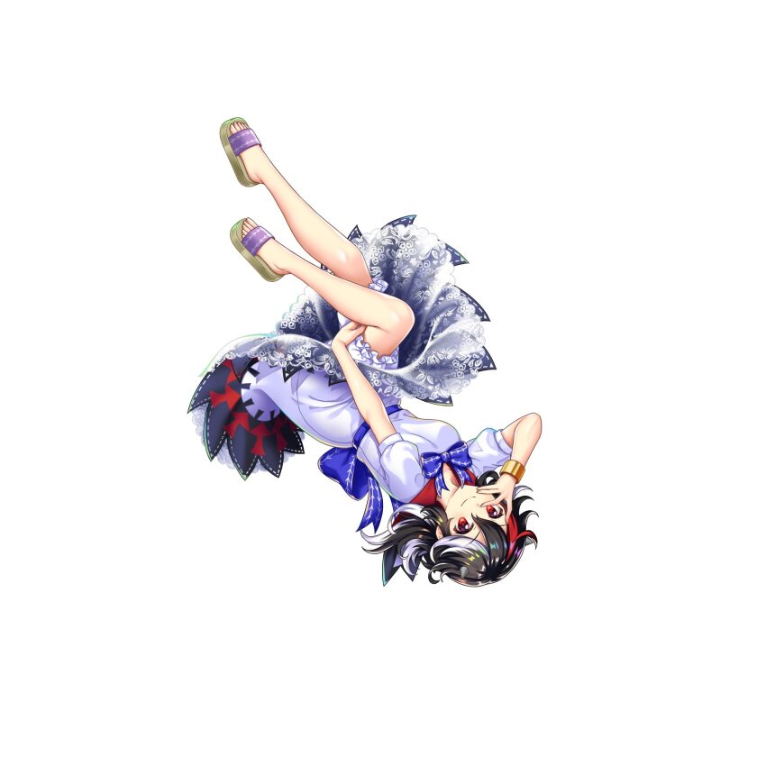 1girl arrow_print black_hair bracelet closed_mouth double_dealing_character dress full_body game_cg highres jewelry kijin_seija looking_at_viewer multicolored_hair red_eyes red_hair rotte_(1109) sandals shirt short_hair simple_background smile solo streaked_hair third-party_source touhou touhou_lostword upside-down white_background white_dress white_shirt