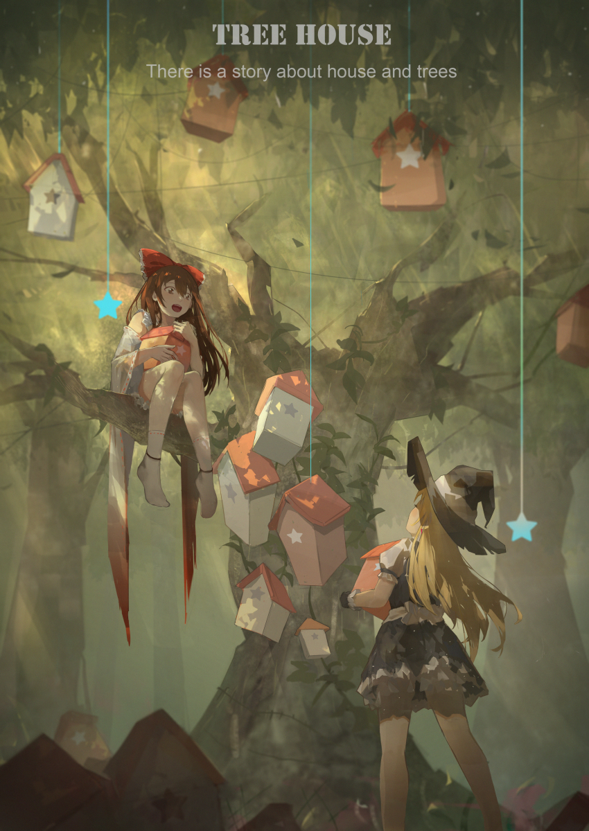 2girls absurdres black_dress black_gloves blonde_hair bloomers blush bow brown_eyes brown_hair dappled_sunlight detached_sleeves dress eyelashes frilled_skirt frills from_below full_body gloves hair_between_eyes hair_bow hakurei_reimu happy hat highres holding holding_to_chest in_tree kirisame_marisa leaf long_hair looking_at_another looking_down looking_up multiple_girls nature on_bench open_mouth petticoat puffy_short_sleeves puffy_sleeves red_bow ribbon-trimmed_legwear ribbon-trimmed_sleeves ribbon_trim sash shirt short_sleeves sidelocks sitting sitting_in_tree skirt standing star_(symbol) string sunlight teeth torn_clothes torn_hat touhou tree treehouse underwear very_long_sleeves white_bow white_legwear white_shirt wide_sleeves witch_hat zzz_(orchid-dale)