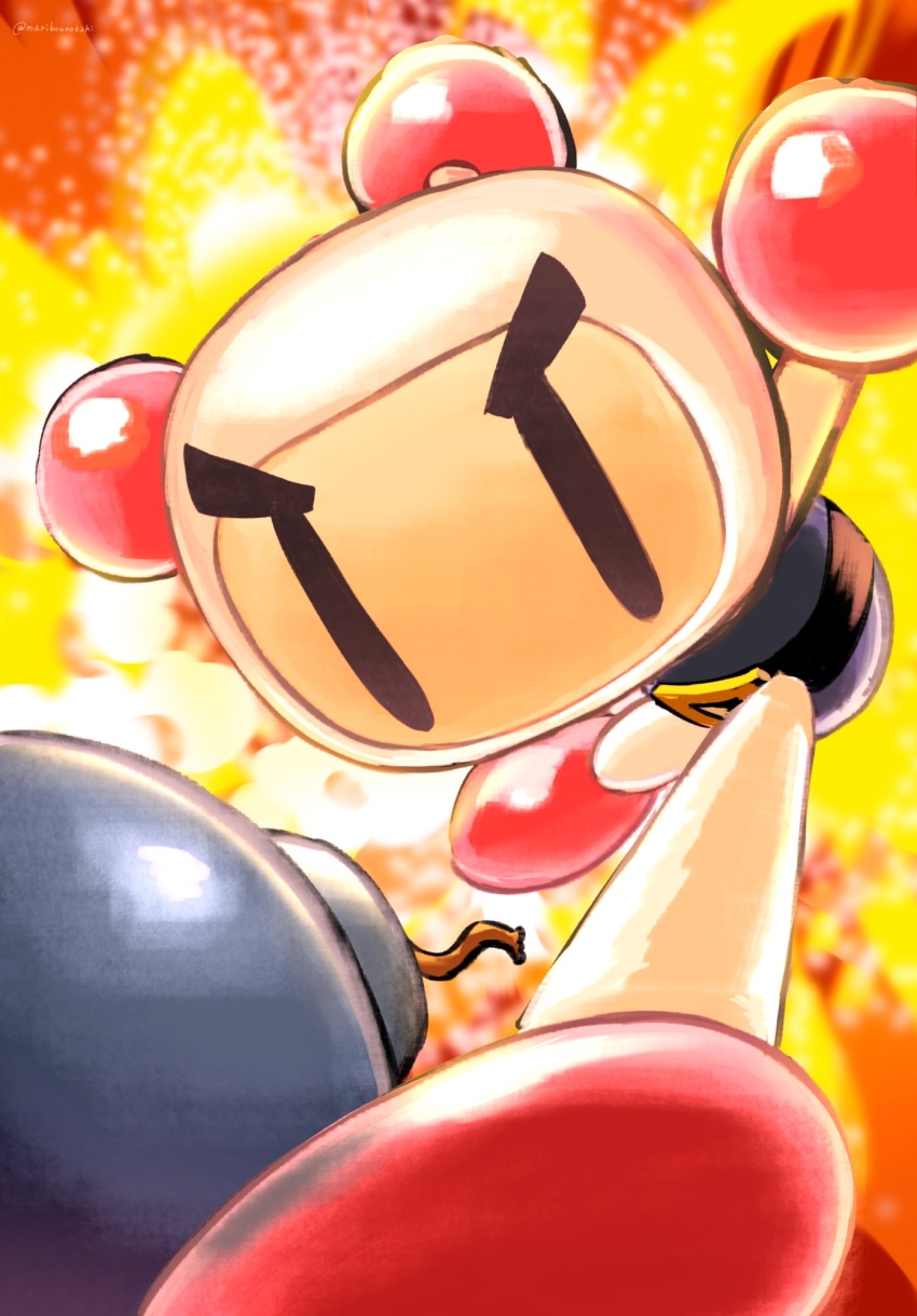 1boy angry ball_hands belt black_belt bomb bomberman circle_hands dynamic_pose explosion explosive furrowed_brow highres maribou_(supermaribou) no_mouth running standing standing_on_one_leg twitter_username white_bomberman |_|
