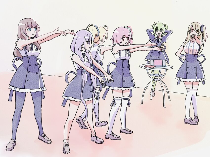 6+girls :d andou_tazusa arms_behind_head assault_lily bag black_ribbon blonde_hair blue_eyes braid breasts brown_hair brown_shoes buttons cellphone clover_hair_ornament cropped_jacket dancing facing_away frilled_skirt frills green_hair green_pantyhose hair_between_eyes hair_ornament hair_ribbon hand_on_own_hip hand_up hands_up heel_up heterochromia high-waist_skirt hitotsuyanagi_riri hitotsuyanagi_yuri indoors juliet_sleeves kaede_johan_nouvel kesunoie kuo_shenlin leg_ribbon loafers long_hair long_sleeves looking_at_another looking_to_the_side low_twin_braids low_twintails medium_breasts miniskirt multiple_girls neck_ribbon one_side_up open_hand open_mouth outstretched_arm outstretched_arms pantyhose parted_lips phone pigeon-toed pink_eyes pink_hair ponytail profile puffy_sleeves purple_eyes purple_hair ribbon school_uniform shoes short_hair sidelocks sideways_glance skirt smartphone smile socks standing suspender_skirt suspenders table thigh_ribbon thighhighs training twin_braids twintails two_side_up very_long_hair white_socks white_thighhighs yellow_eyes yellow_ribbon yoshimura_thi_mai yurigaoka_girls_academy_school_uniform zettai_ryouiki