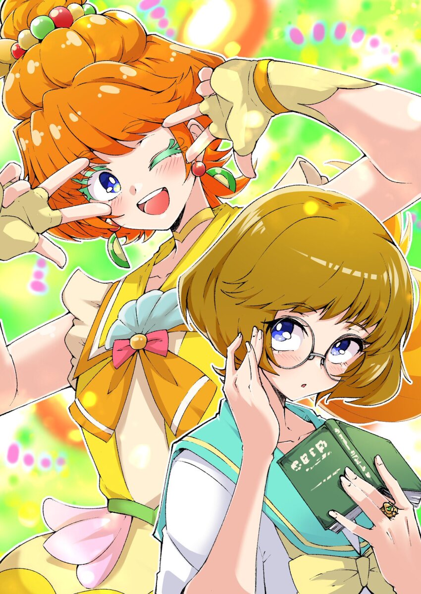 1girl adjusting_eyewear aozora_middle_school_uniform blonde_hair blue_eyes book bow choker cure_papaya dual_persona earrings fingerless_gloves glasses gloves highres ichinose_minori jewelry looking_up magical_girl one_eye_closed open_mouth orange_hair precure ring sailor_collar school_uniform serafuku shinonome_mozuku short_hair tropical-rouge!_precure updo
