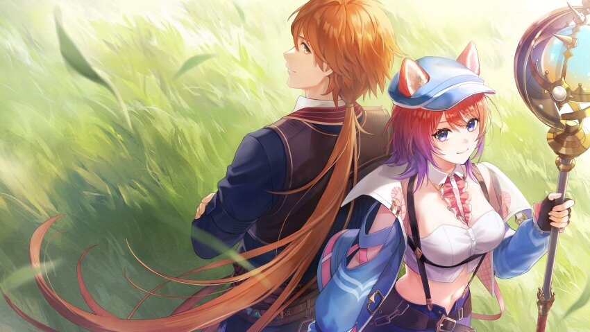 1boy 1girl absurdres animal_ears atelier_(series) atelier_resleriana atelier_resleriana:_the_red_alchemist_&amp;_the_white_guardian back-to-back black_gloves black_jacket blue_hat blue_jacket brown_hair cat_ears cat_girl clothing_cutout crop_top detached_collar fingerless_gloves gloves gradient_hair grass hat highres holding holding_staff jacket long_hair looking_at_viewer midriff multicolored_hair navel official_art ponytail red_hair rias_eidreise shoulder_cutout slade_clauslyter smile staff very_long_hair