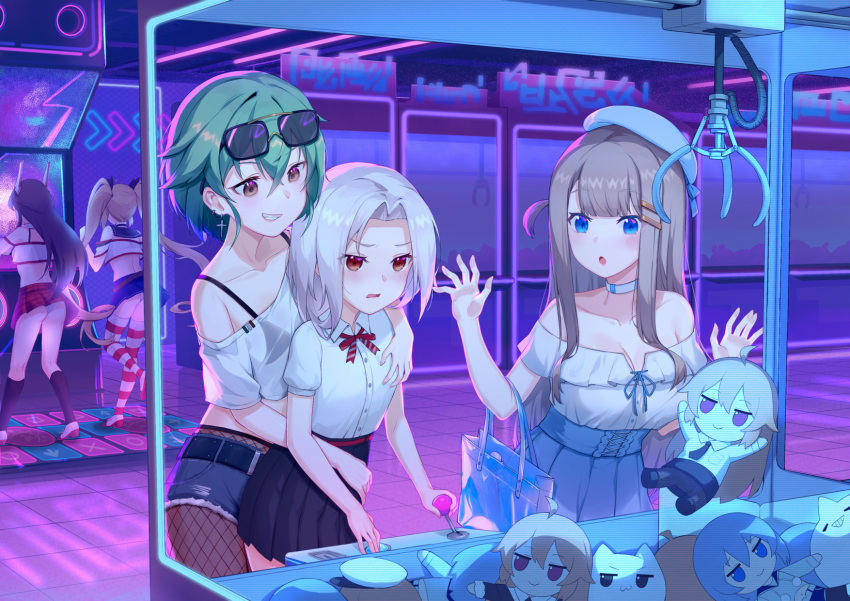 6+girls alternate_costume andrea_doria_(warship_girls_r) blue_eyes breasts brown_hair caio_duilio_(warship_girls_r) candy character_doll choker cleavage crane_game denim e_ne_ko eyewear_on_head fishnets food green_hair hair_slicked_back hat highres impero_(warship_girls_r) lollipop long_hair multiple_girls off_shoulder pantyhose red_eyes ribbon roma_(warship_girls_r) shirt short_hair shorts skirt smile sunglasses vittorio_veneto_(warship_girls_r) warship_girls_r white_hair white_shirt yuri