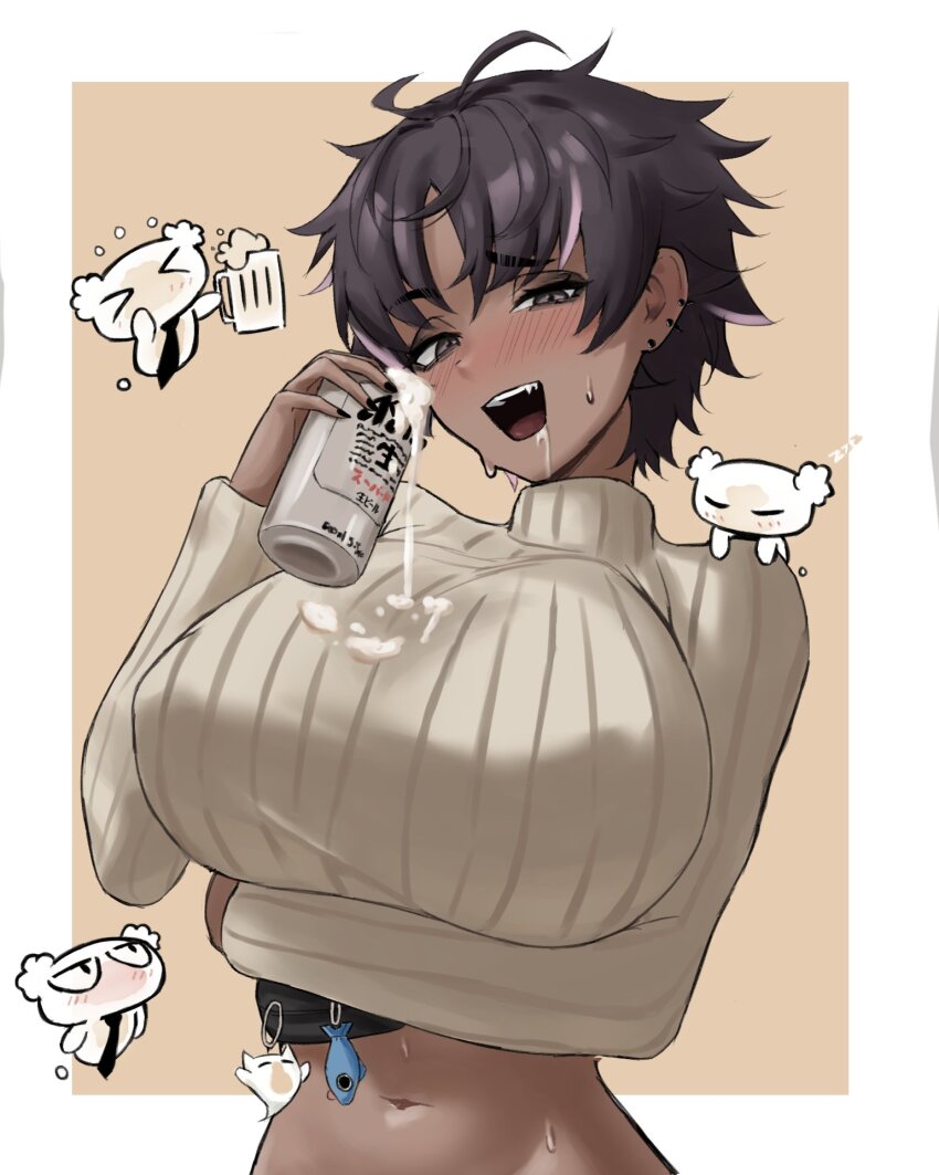 1girl alcohol arm_under_breasts beer beer_can beer_mug black_necktie blando bon_(vtuber) border breast_lift brown_hair can chibi clothes_lift cup dark-skinned_female dark_skin drink_can drooling ear_piercing fang foam grey_eyes highres indie_virtual_youtuber messy_hair midriff mug multicolored_hair naughty_face necktie piercing ribbed_sweater short_hair streaked_hair sweatdrop sweater turtleneck turtleneck_sweater virtual_youtuber wet wet_clothes white_border