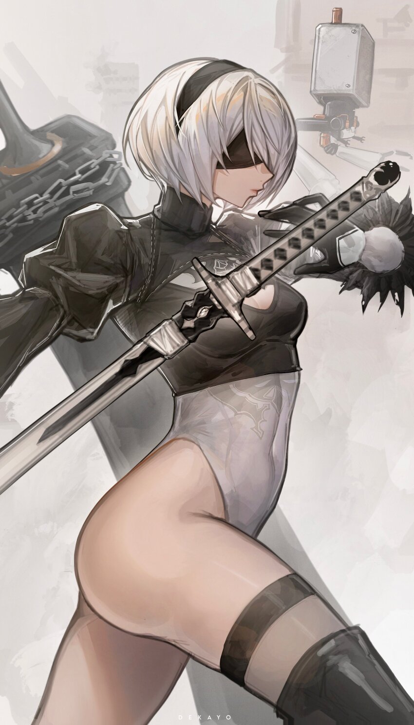 1girl 2b_(nier:automata) absurdres artist_name ass black_gloves black_hairband black_shirt blindfold breasts chain cleavage_cutout closed_mouth clothing_cutout commentary covered_eyes covered_navel deka_yo feather-trimmed_sleeves gloves greatsword hairband highleg highleg_leotard highres juliet_sleeves katana leotard lips long_sleeves medium_breasts nier:automata nier_(series) pink_lips pod_(nier:automata) profile puffy_sleeves shirt short_hair sword thighs weapon white_hair white_leotard